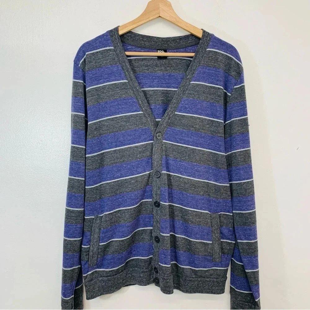 BGD Cardigan  Men XL Button Up Purple Stripe Pockets Stretch Y2K Dad Preppy Work